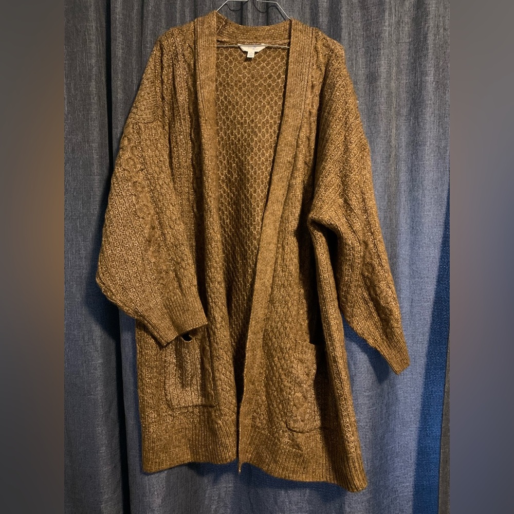 Brown speckled long cardigan with pockets 1X